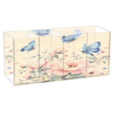 Imagem de Burbuja Porta-canetas de acrílico retrô de flores rosa borboleta, 4 compartimentos, suporte de lápis transparente para pincéis de maquiagem, acessórios de mesa de escritório em casa