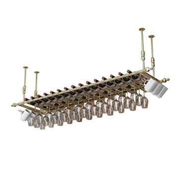 Imagem de Suporte de garrafa de vinho montado no teto, suporte de metal ajustável para copos de vinho, suporte de armazenamento de vinho para exibição vintage, prateleira flutuante de garrafa de utensílios de