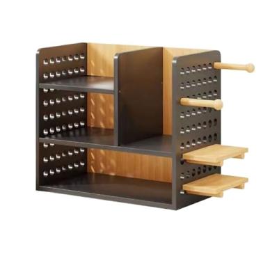 Imagem de Gabinete de arquivo preto para mesa com organizador de orifícios, defletor de madeira, suporte de armazenamento de escritório, com ganchos, suporte de impressora, escritório em casa (L30 x L20,3 x A39