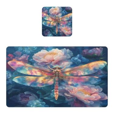 Imagem de Burbuja Jogo americano conjunto de 2, tapetes de mesa de cozinha de PVC com flores de libélula, antiderrapantes, resistentes ao calor, à prova d'água, para mesa de jantar, laváveis, 30,5 x 45,7 cm