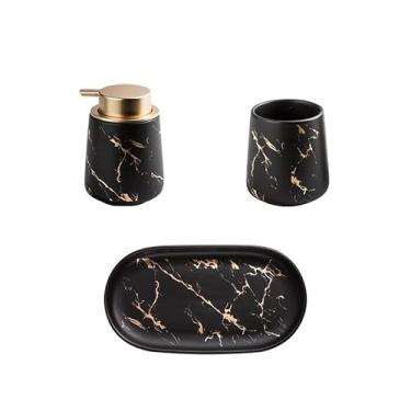 Imagem de Conjunto de acessórios de banheiro com 3 peças inclui: dispensador de sabonete de loção, copos de enxaguante bucal e bandeja de xampu (preto)
