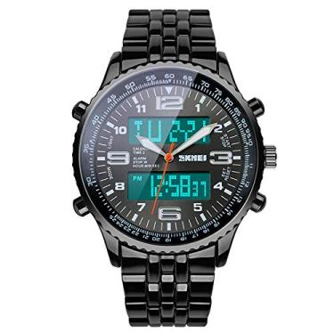Imagem de Relógio de pulso masculino analógico e digital SKMEI, em aço inoxidável, impermeável, LED, modelo militar, Preto, 2.16*1.8*0.55 inch