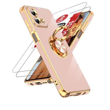 Imagem de LeYi Capa para celular Moto G Stylus 5G 2023: com protetor de tela de vidro temperado [2 unidades] Suporte magnético giratório de 360°, suporte magnético com borda de ouro rosa, capa para Motorola G