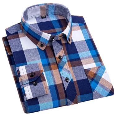 Imagem de Camisa xadrez masculina de manga comprida com bolso único e ajuste padrão de flanela, 7720, PP