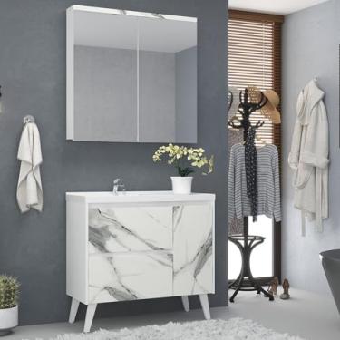 Imagem de Gabinete de Banheiro 90cm com Lavatório e Armário Ref 910 Branco/Thassos