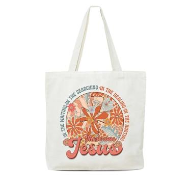 Imagem de OZTEMETY Sacola feminina de lona com estilo vintage, esperando, buscando, Jesus Bíblia, presentes cristãos para amigas, sacola de compras religiosa reutilizável com alças-08, Sacola, Large