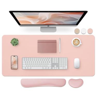 Imagem de Bloss Almofada de mesa de couro e descanso de pulso para teclado, mouse pad grande + teclado + suporte de pulso para mouse, protetor de mesa antiderrapante para escritório, casa (90 x 40 cm, rosa)