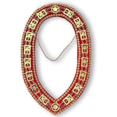 Imagem de Masonic Regalia Colar de corrente Shriner banhado a ouro, strass dourado de veludo vermelho, colar de regalia Shriner, colar de corrente maçônica, Standard, Latão, Sem Pedra Preciosa