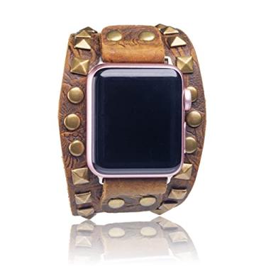 Imagem de Vintage_Band Pulseira Bling Correa Pulsera com conector metálico de aço inoxidável para homens e meninos, pulseira de relógio de couro brilhante de luxo com fivela para Apple Watch Nike Edition Pulso Series 1,2,3 38 mm e 4,5,6, SE 40 mm, punk, Boho padrão amarelo
