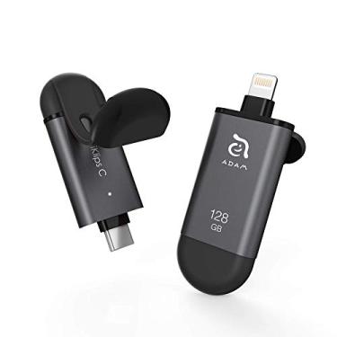 Imagem de ADAM elements Flash Drive iKlips C MFi certificado Lightning + USB C para iPhone, iPad Pro, Mac, PC, Android - Touch ID/Face ID seguro (preto, 128 GB)