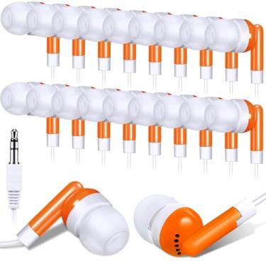Imagem de Konohan Pacote com 100 fones de ouvido para sala de aula, fones de ouvido básicos para estudantes, escolas, bibliotecas, laptop, fones de ouvido de 3,5 mm, embalados individualmente (laranja)
