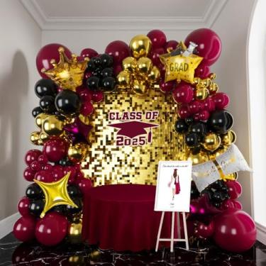 Imagem de Elegante kit de guirlanda de balão de formatura em ouro preto vinho com tampas de graduação diplomas letras graduadas vinho vermelho estrelas e coroas balões para decoração de festa de graduação da