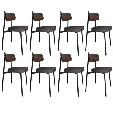 Imagem de Kit 08 Cadeiras Estofada Para Sala De Jantar Astrid Preto C01 Linho Preto Courino Whisky - Lyam Decor