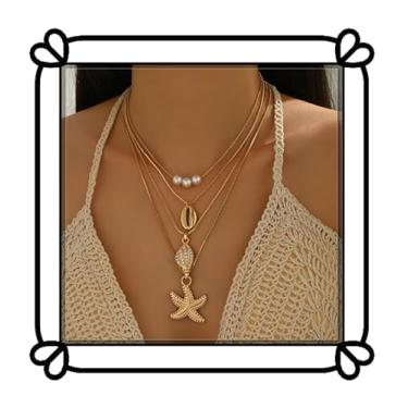 Imagem de Colar com pingente de concha de pérola em camadas - Corrente de ouro com pingente de pérola, concha e estrela do mar - Joias femininas boêmias de praia de verão