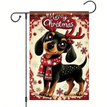 Imagem de Saoplasa Bandeira de jardim de Natal Feliz Natal Dachshund chifres de rena de cachorro 30,5 x 45,7 cm Faixa dupla face para quintal externo para férias inverno fofo filhote de cachorro cachecol