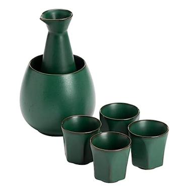 Imagem de JOEUQK Conjunto de 6 peças de saquê, conjunto de copos de saquê de cerâmica verde escuro tradicional estilo retrô, design elegante, melhor presente para família e amigos, com 1 panela de aquecimento e