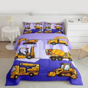 Imagem de Homewish Conjunto de edredom com desenho de carro, maquinário de construção, caminhão, trator e escavadeira, para decoração de quarto de crianças, meninas, meninos, moderno, edredom roxo, 2 peças com