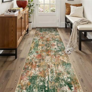Imagem de RELEANY Tapetes de área laváveis 6 x 25 cm antiderrapantes modernos abstratos macios para sala de estar entrada quarto berçário, padrão de impressão, verde laranja ferrugem vermelho creme colorido