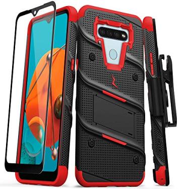 Imagem de ZIZO Série Bolt para LG K51 / LG Reflect capa com protetor de tela suporte coldre cordão - preto e vermelho