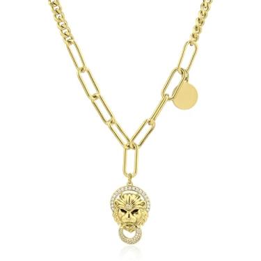 Imagem de Colares com pingente banhado a ouro para mulheres, moeda grossa ou ouro 14K e pingentes de cabeça de leão, joia de declaração grunge Y2K, corrente moderna para presente, One Size, Cobre Banhado a ouro