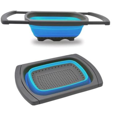 Imagem de Escorredor De Pia Silicone Retratil Alca Ajustavel Massas Macarrao Legumes Frutas Grande Azul