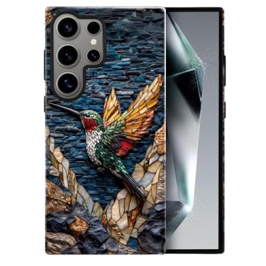 Imagem de heindiy Compatível com Samsung Galaxy S24 Ultra, capa brilhante, proteção total, à prova de choque, anti-arranhões, capa de TPU, capas para homem, mulher, beija-flor, vitral