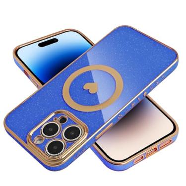 Imagem de MGQILING Capa com glitter magnético galvanizado para iPhone 14 Pro de 6,1 polegadas [compatível com carregamento sem fio] Capa brilhante à prova de choque com antiamarelamento, padrão de coração de