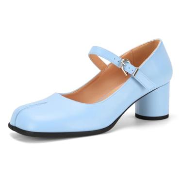 Imagem de Sapatos femininos Tabi Black Mary Janes bico dividido salto alto bloco grosso tira tornozelo confortável vestido trabalho escola escarpin, Salto azul claro, 35