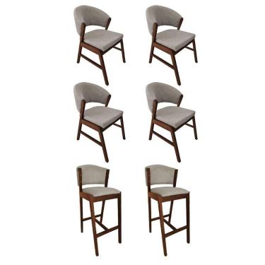 Imagem de Kit 4 Cadeiras De Jantar Debora Com 2 Banquetas Ana Madeira Maciça Premium Linho Bege