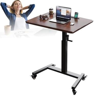 Imagem de Mesa de pé móvel, pequena mesa de pé com interface USB/sem interface USB 60 * 50 cm ajuste de altura 75-112 cm mesa de joystick manual com rodas para escritório doméstico cor nogueira
