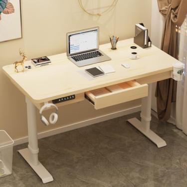 Imagem de HGTRH Mesa de pé ajustável com gaveta, altura ajustável para mesa de computador com tomada elétrica, mesa de pé com estação de carregamento sem fio, gancho para fone de ouvido e fone de ouvido