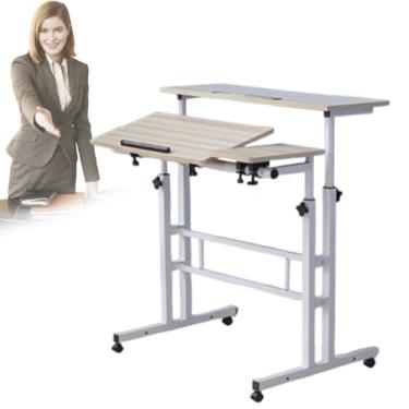 Imagem de Mesa de pé ajustável, mesa lateral móvel, suporte de aço carbono, altura ajustável e rodízio giratório, ajustável em pé inclinável, mesa sentada para escritório em casa, preto