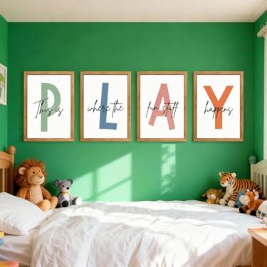 Imagem de Conjunto de 3 peças de arte emolduradas com alfabeto fofo, placa de madeira do alfabeto educacional natural para bebês, meninas, meninos, crianças, neutros, boêmio, pré-escolar, letras inglesas