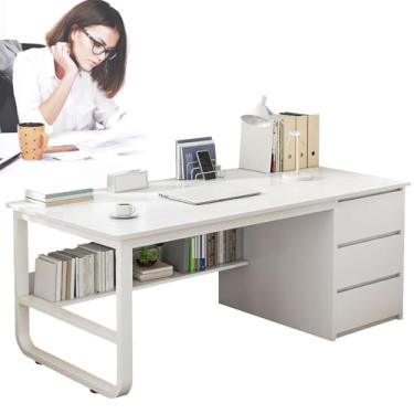 Imagem de Escrivaninha moderna de madeira com 3 gavetas, mesa de computador com prateleiras de armazenamento, pernas de aço, mesa de escritório em casa, mesa de estudo, mesa de trabalho para computador, mesa de