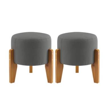Imagem de Kit 2 Puffs Odin Decorativos Redondos Estofados com Pés Palito em Madeira – Puff Banqueta Elegante(Cinza)