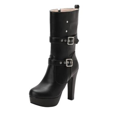 Imagem de Botas de cano médio femininas casuais de inverno bico redondo com zíper interno à prova d'água plataforma e design de salto, várias, Preto, 38