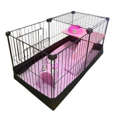 Imagem de Gaiola para Coelho e Porquinho da Índia com Cercado, Toca, Bandeja Removível e Comedouro Inox – Gaiola Pequena para Pets, Fácil de Limpar, Cercado com Teto ou Fundo para Roedores (ROSA,SEM TETO)