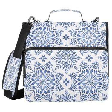 Imagem de SEHANY Fichário de zíper azul e branco com alça de ombro, capacidade para 500 folhas, vários bolsos, fichário com 3 anéis com zíper de 3 cm