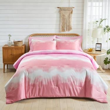 Imagem de 7 peças de cama king dégradé rosa e branco blush tamanho king, elegante, ombré, reversível para todas as estações (edredom, lençol de cima, lençol com elástico, 2 fronhas e 2 fronhas)