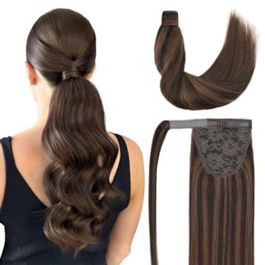 Imagem de Amygirl Extensão de rabo de cavalo cabelo humano 45,72 cm marrom escuro a castanho castanho sedoso liso extensões de cabelo envolver rabo de cavalo peça de cabelo para meninas (45,7 cm Ombre Brown