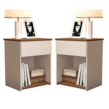 Imagem de Kit 2 Mesas de Cabeceira Para Quarto com Gaveta e Prateleira Jasmim - Off White com Freijó