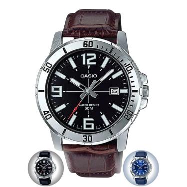 Imagem de Relógio de Casio Masculino Analógico Pulseira de Couro Preto Azul Marrom MTP-VD01L