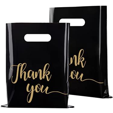 Imagem de Jutieuo Pacote com 100 sacos de agradecimento para pequenas empresas, sacos de plástico extra grossos para mercadorias de tamanho pequeno, sacos de compras de agradecimento de varejo a granel com alças (preto, 23 x 30 cm)