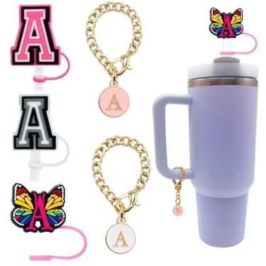 Imagem de 3 peças tampa de palha para copo Stanley 30 & 1,134 g tampa protetora de palha reutilizável de 10 mm com 2 peças de pingentes de letra personalizada inicial para Stanley Tumbler (letra A)