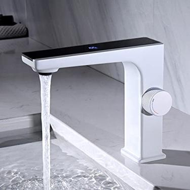 Imagem de Torneira para lavatório Display digital LED de latão Misturador de água quente e fria Torneira para pia do banheiro Lavatório Guindaste Torneira inteligente, branca