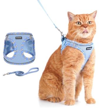Imagem de Rttochfy Conjunto de arnês e coleira para gatos, colete à prova de escape, colete macio e respirável com faixa refletiva, fácil de usar para gatos caminhando e viajando (azul, M)