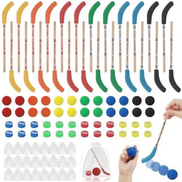 Imagem de 96 peças de lápis de hóquei com tema de hóquei, multicoloridos, incluindo 12 lápis de hóquei com borrachas, 12 bolas de hóquei, 12 apontadores, 12 sacos para esportes, aniversário, prêmio de estudante