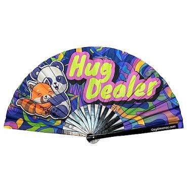 Imagem de PandaTak Ventilador portátil Pride Festival – Grande ventilador de mão de bambu de 33 cm dobrável com tinta UV reativa – Acessório divertido para festas, shows e festivais (Hug Dealer)