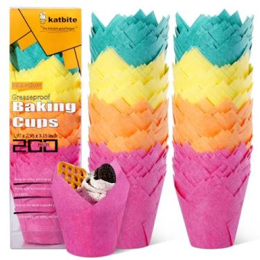 Imagem de Forros para cupcake de tulipa com 200 peças da Katbite, forros para assar muffins, verde, amarelo, laranja e vermelho...