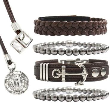 Imagem de Pulseiras Masculinas Kit C/4 ÂNCORA PREMIUM + 2 Colares Moeda Dado Pre